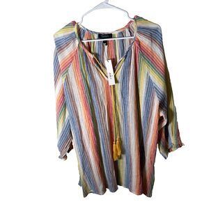 RD & Koko Blouse Women's 3X Rainbow Striped 100% Linen V-Neck Tassel Casual